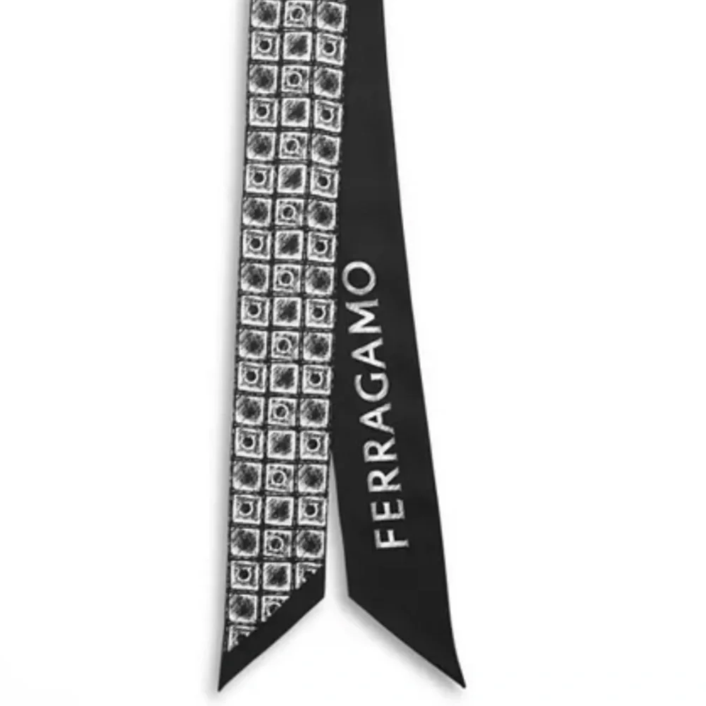 Salvatore Ferragamo Etched Logo Print Silk Bandeau Scarf Twilly in Black White - Picture 2 of 13
